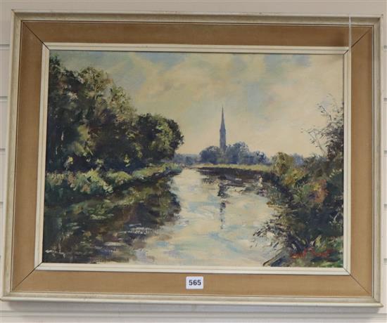 Ernest Knight (1915-1995), oil on canvas, Salisbury Cathedral from the river, signed, 40 x 55cm